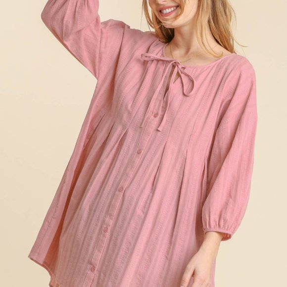 Umgee Women's Large 3/4 Sleeve Button Down Pleated Tunic Dress High Low Pink - Picture 2 of 7